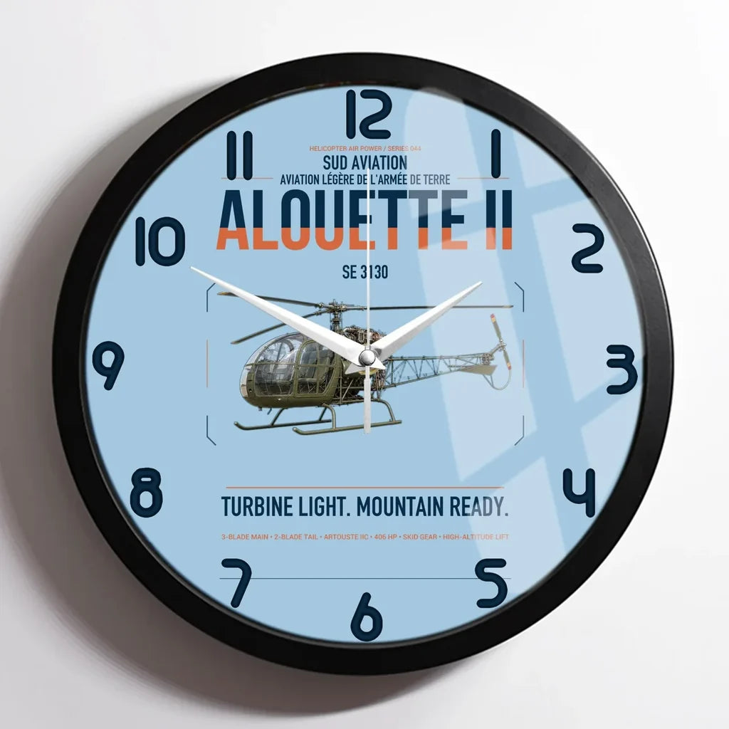 Sud Aviation SE 3130 Alouette II design on light blue framed wall clock