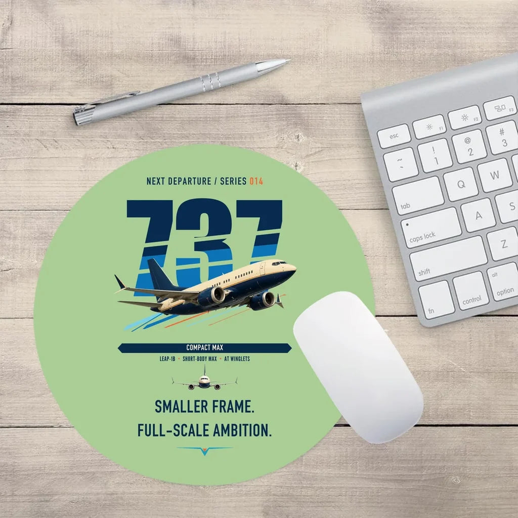 Boeing 737 MAX 7 design on light green round mouse pad