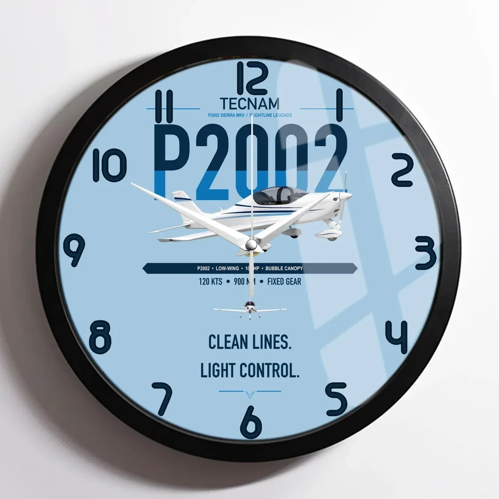 Tecnam P2002 Sierra MkII design on light blue framed wall clock