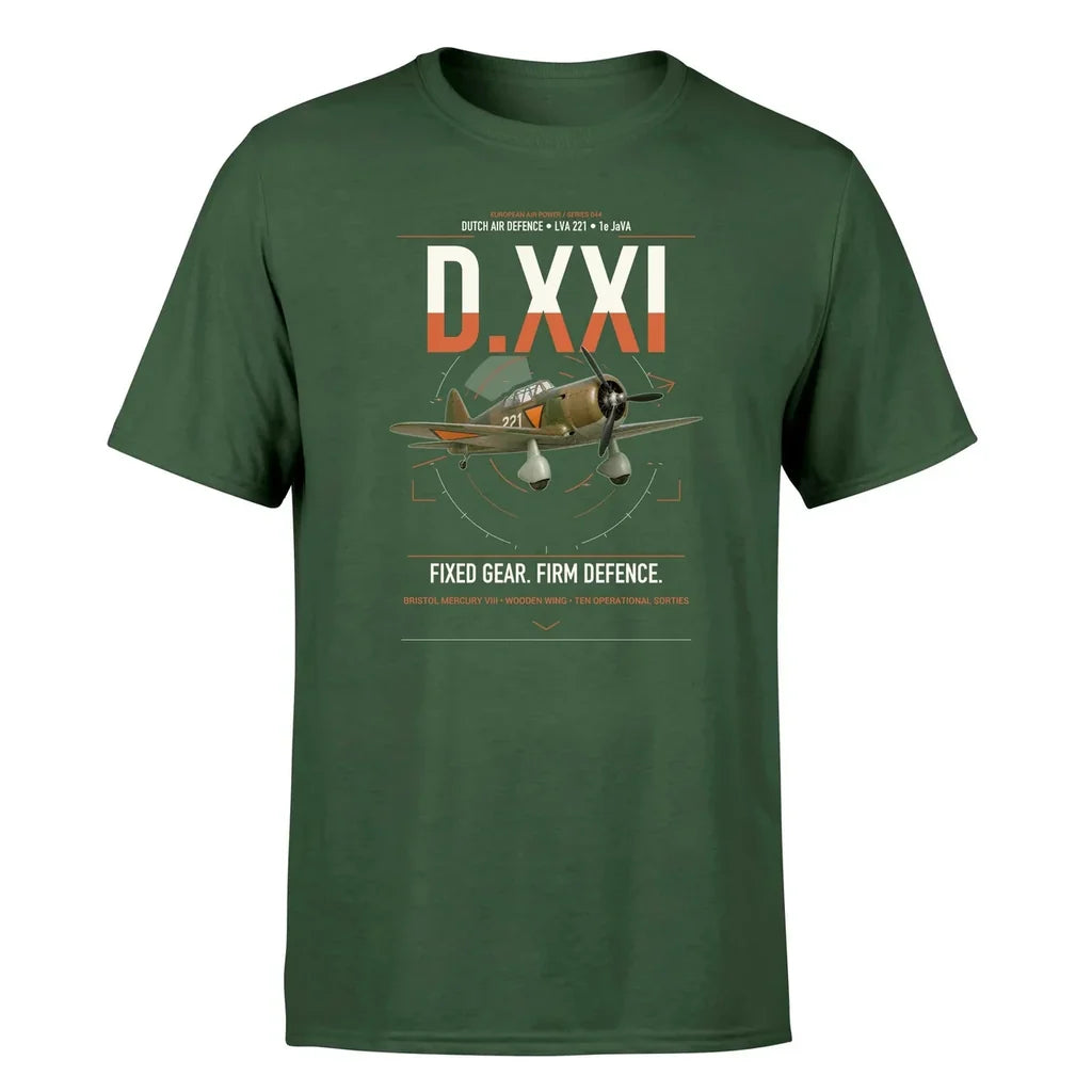 Fokker D.XXI — Dutch LVA aircraft 221 design on dark green t-shirt, single-side print