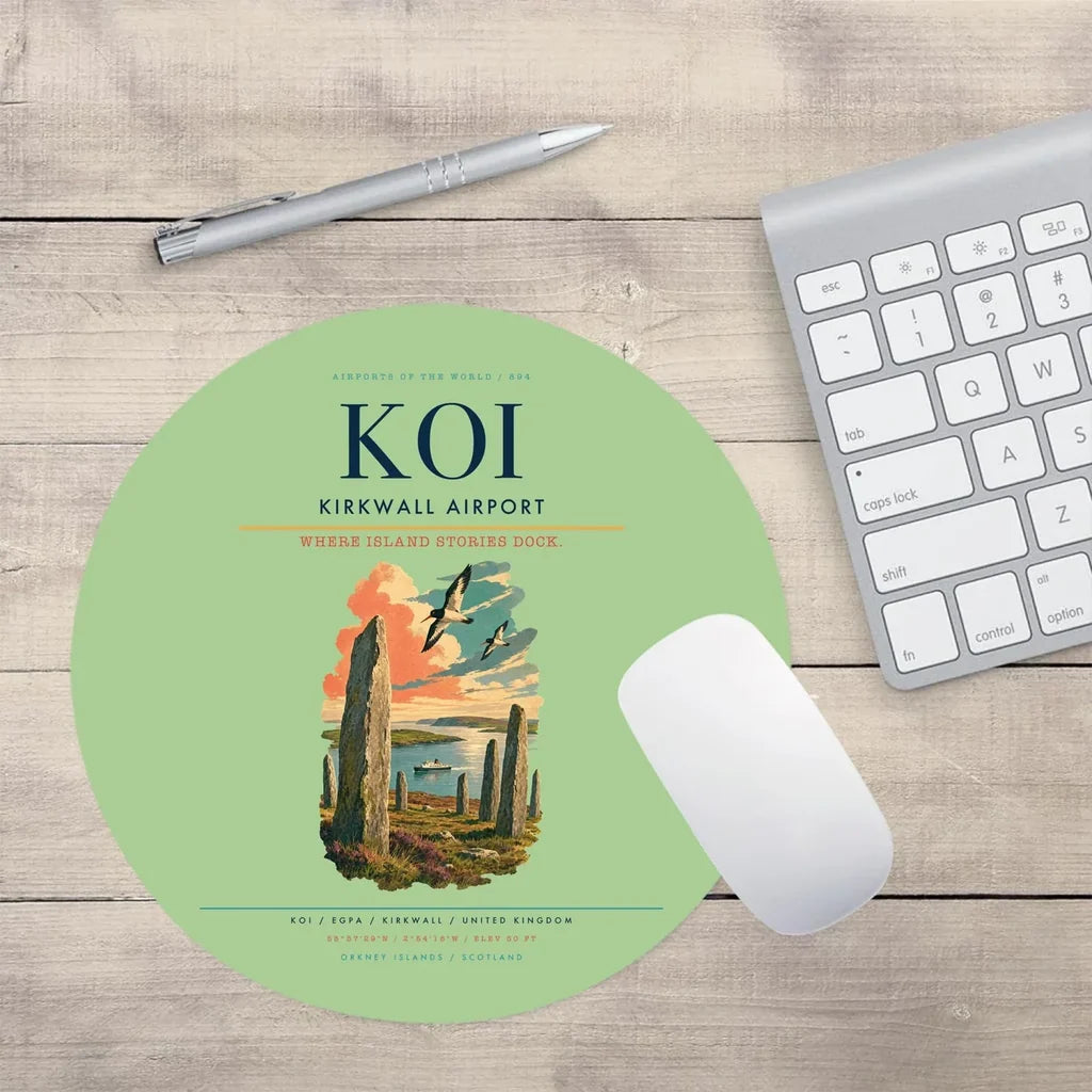 Kirkwall Airport (KOI) design on light green round mouse pad