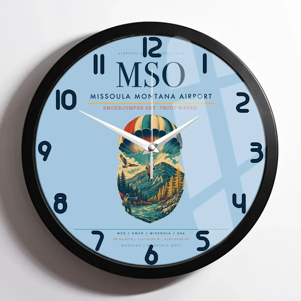 Missoula Montana Airport (MSO) design on light blue framed wall clock