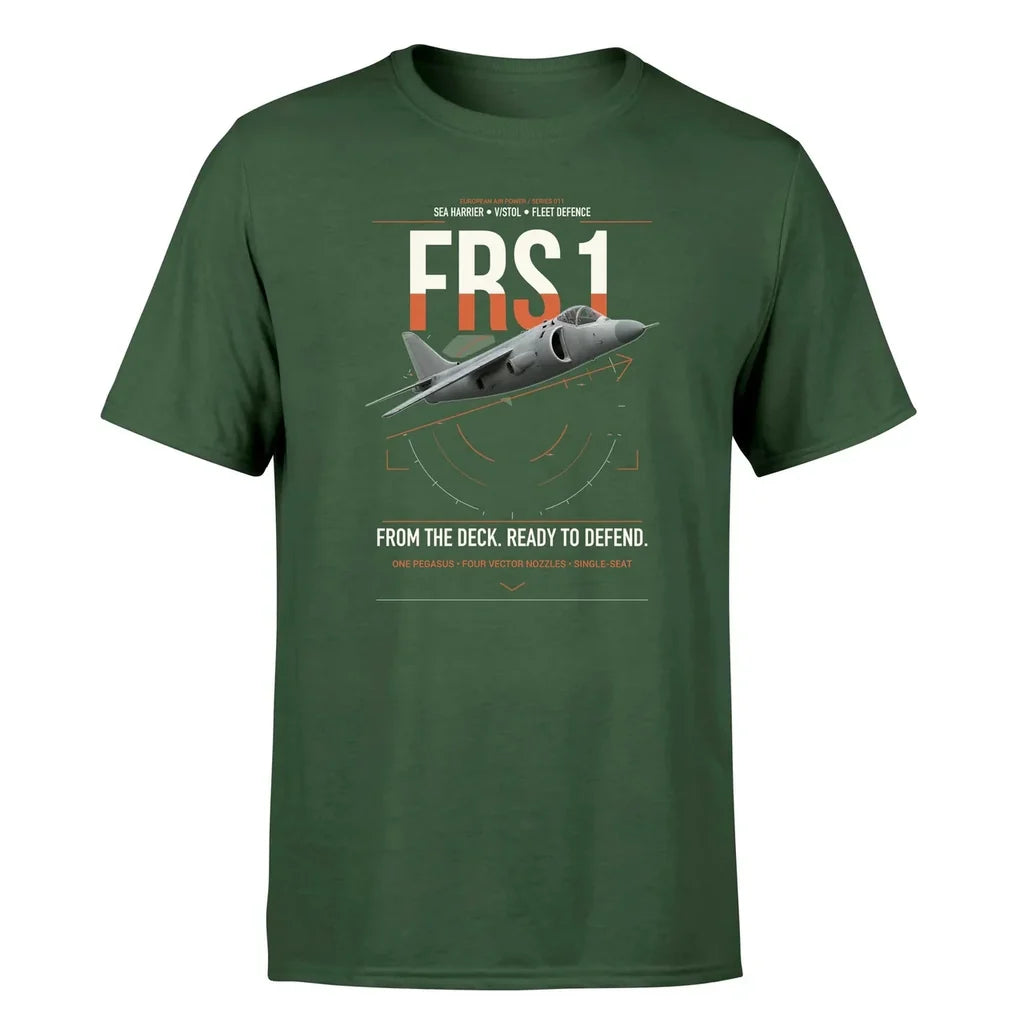 British Aerospace Sea Harrier FRS.1 design on dark green t-shirt, single-side print