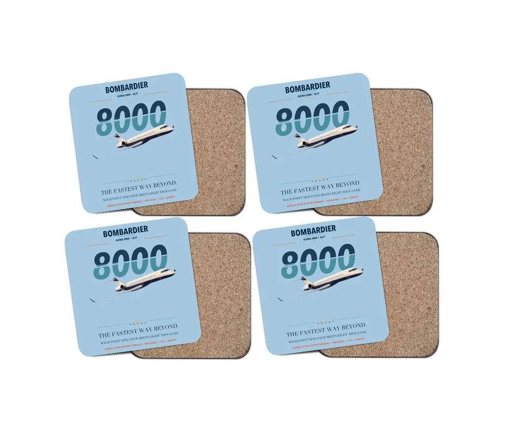 Bombardier Global 8000 design on light blue 4 pieces set coaster