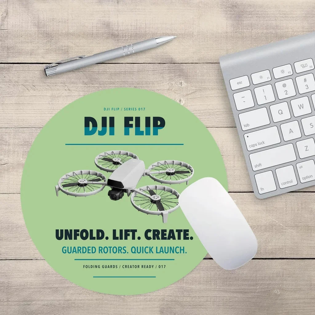DJI Flip design on light green round mouse pad