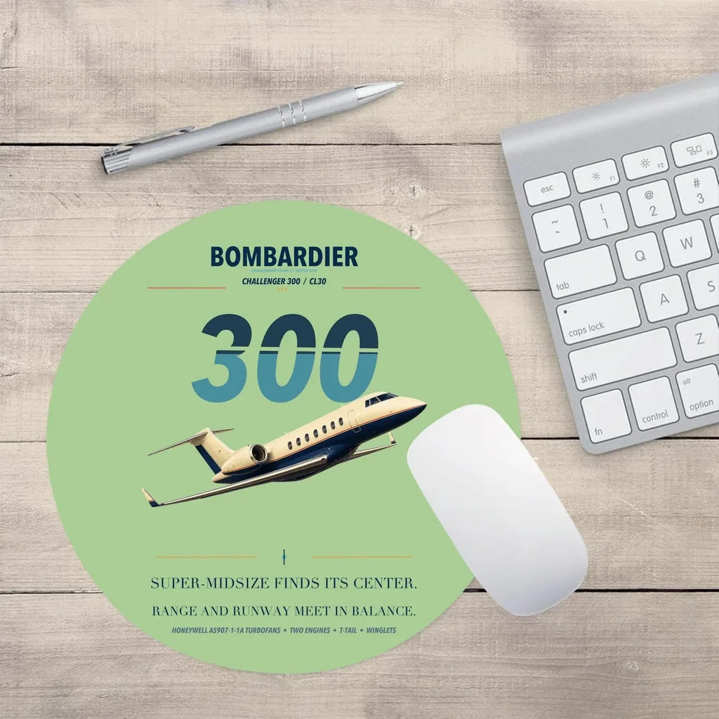 Bombardier Challenger 300 design on light green round mouse pad