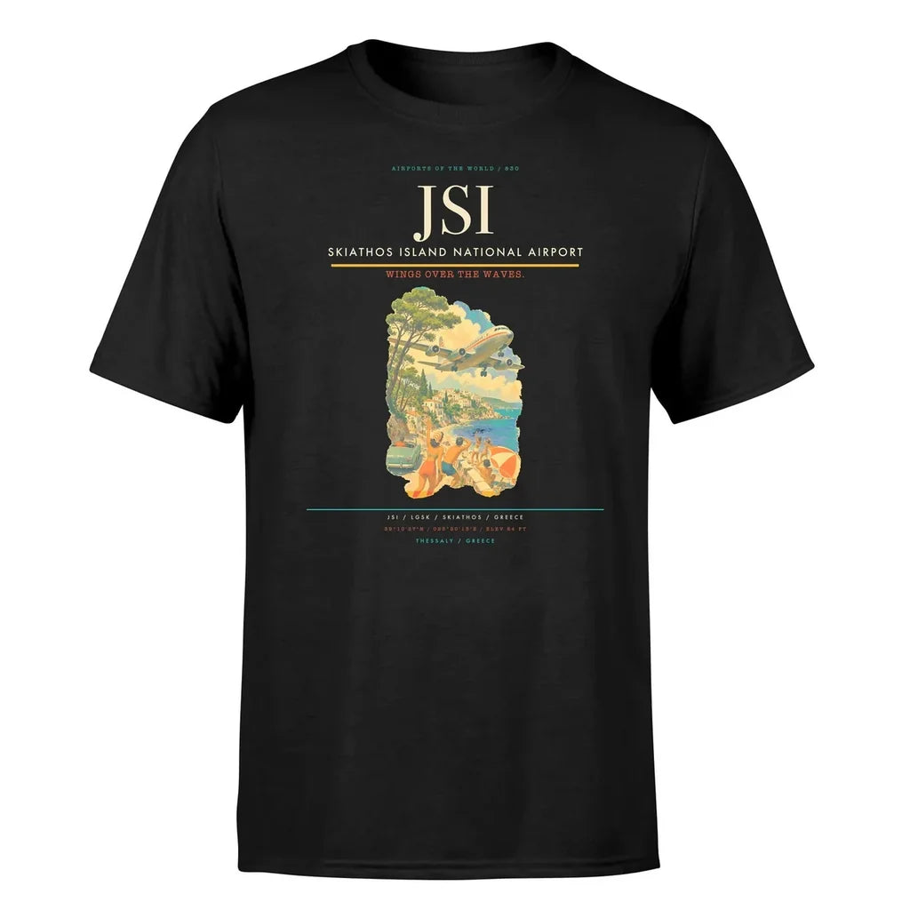 Skiathos Island National Airport (JSI) T-Shirt single-side front print in Black | skiathos-island-national-airport-jsi-double-side-t-shirt