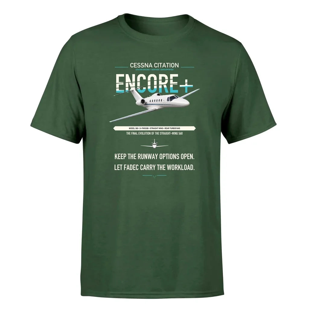 Cessna Citation Encore+ design on dark green double-side t-shirt, single-side print