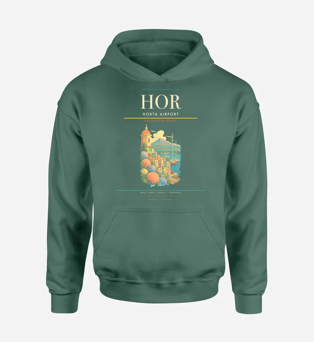 Horta Airport (HOR) design on green hoodie single-side print