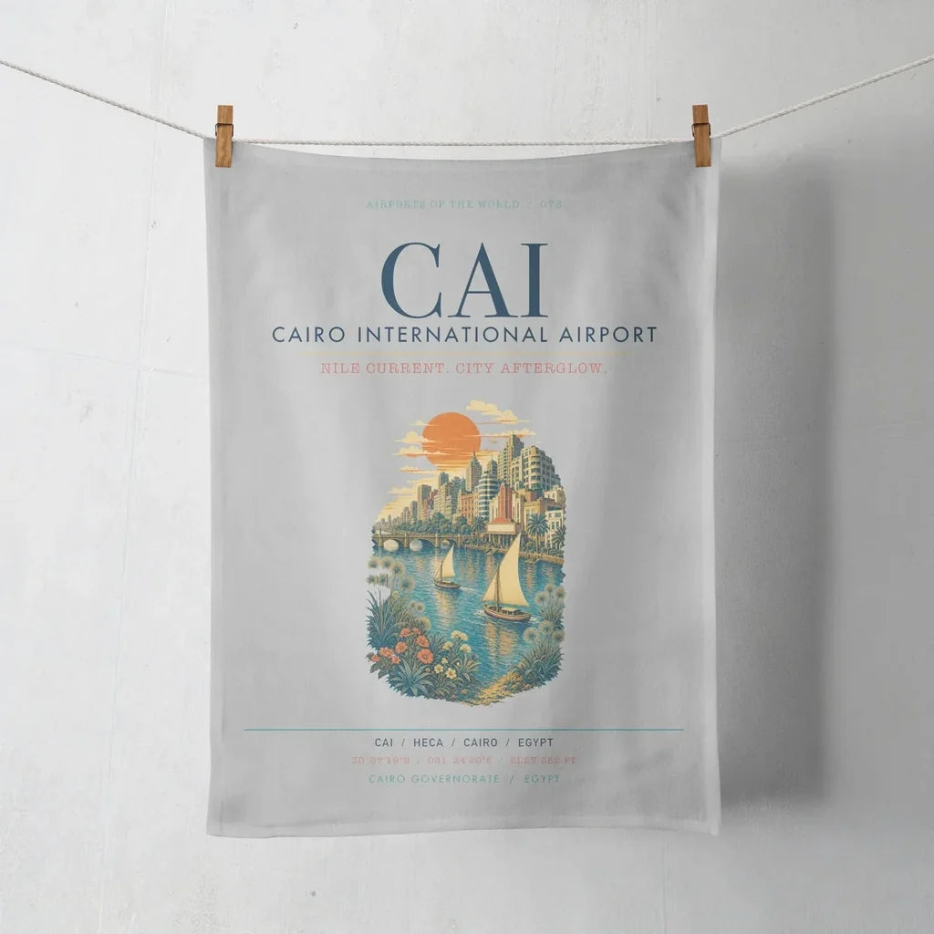 Cairo International Airport (CAI) design on light gray towel
