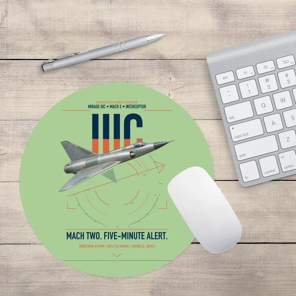 Dassault Mirage IIIC design on light green round mouse pad