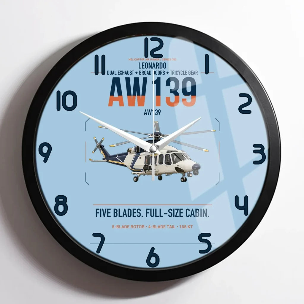 Leonardo AW139 design on light blue framed wall clock