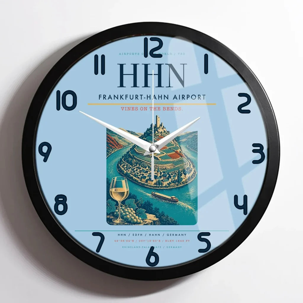 Frankfurt-Hahn Airport (HHN) design on light blue framed wall clock