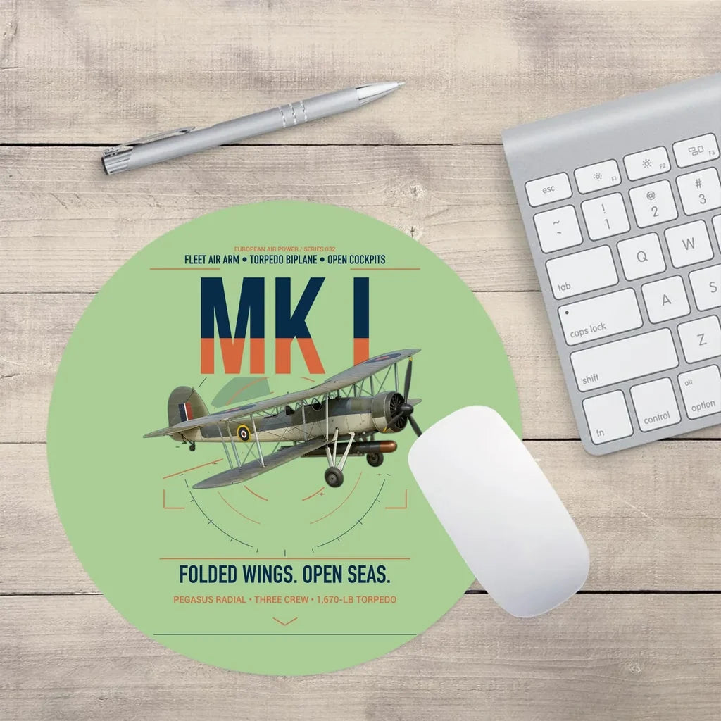 Fairey Swordfish Mk I design on light green round mouse pad