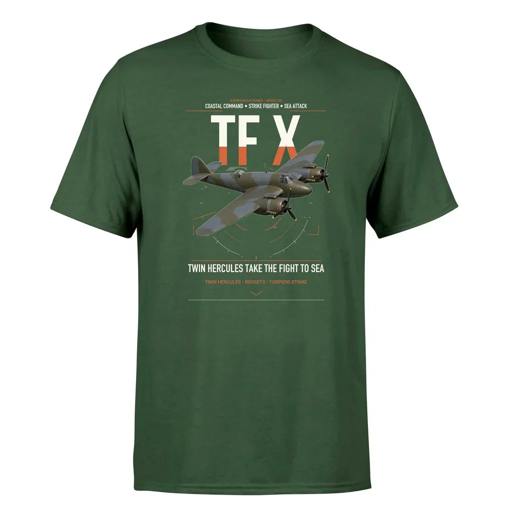 Bristol Beaufighter TF X design on dark green t-shirt, single-side print