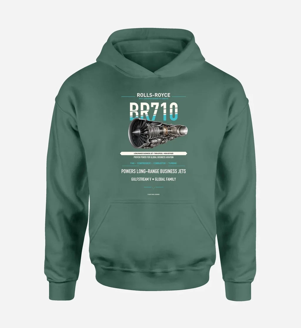 BR710 design on green hoodie single side