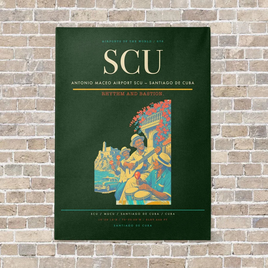 Antonio Maceo Airport SCU — Santiago de Cuba vertical canvas print - no frame - dark green background