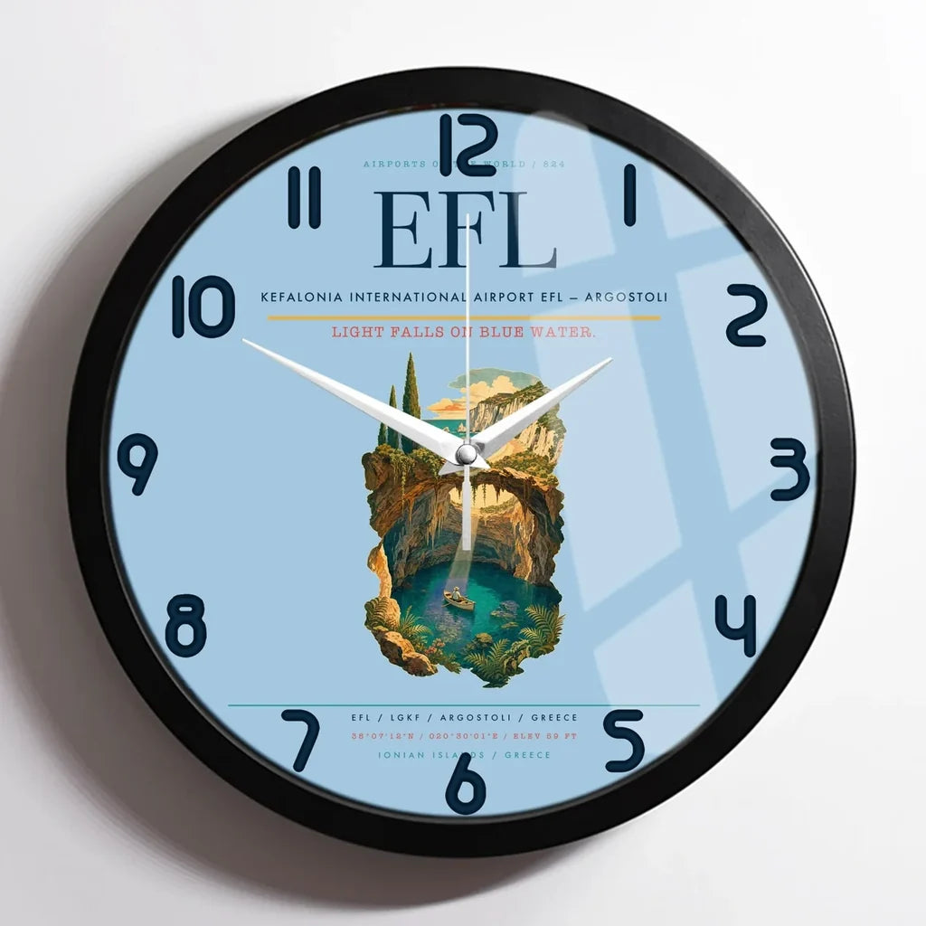 Kefalonia International Airport (EFL) design on light blue framed wall clock