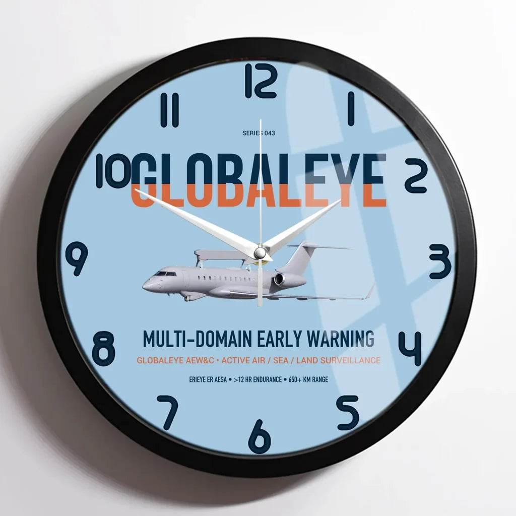 Saab GlobalEye design on light blue framed wall clock
