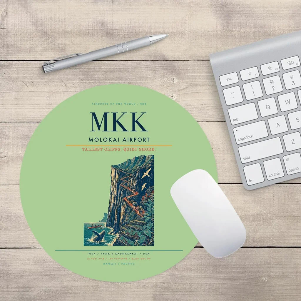 Molokai Airport (MKK) design on light green round mouse pad