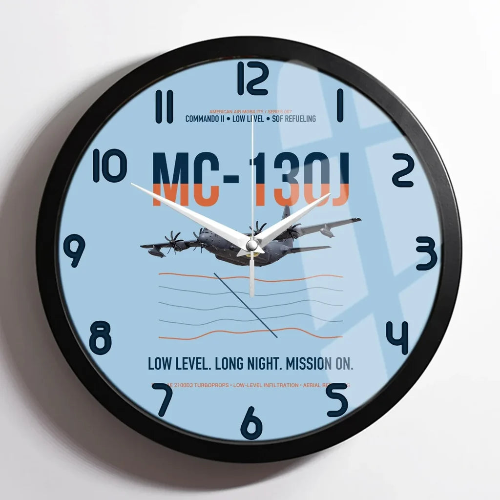 MC-130J COMMANDO II design on light blue framed wall clock