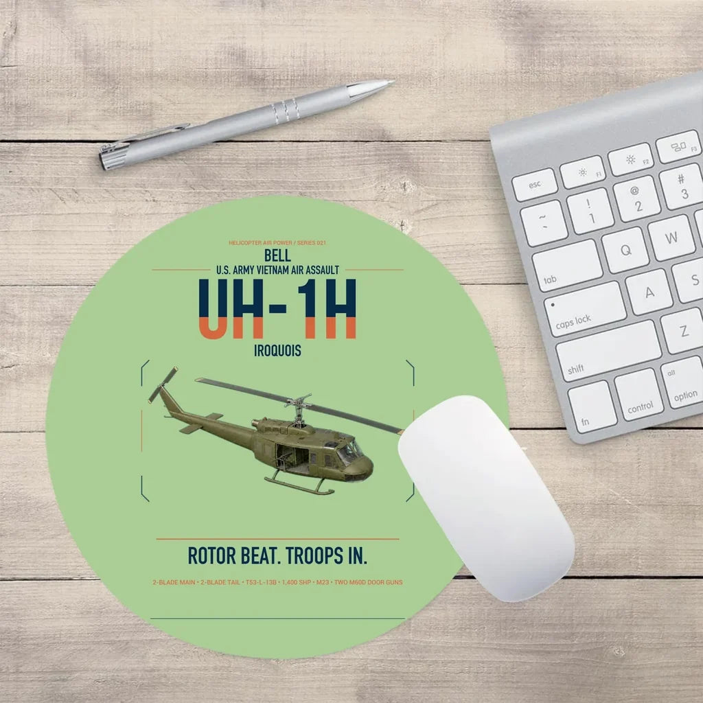 Bell UH-1H Iroquois design on light green round mouse pad