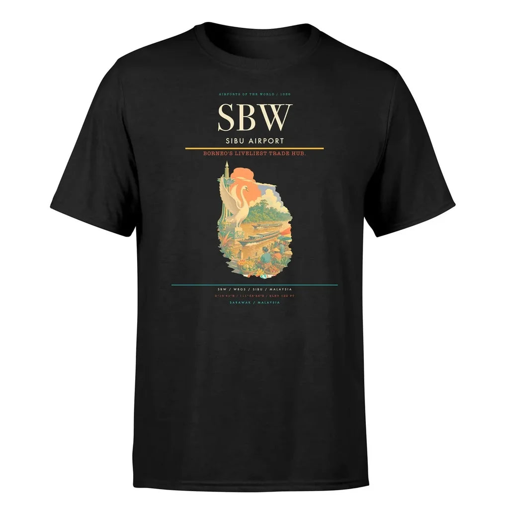 Sibu Airport (SBW) T-Shirt single-side front print in Black | sibu-airport-sbw-double-side-t-shirt