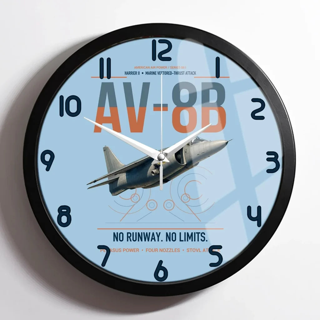 AV-8B Harrier II design on light blue framed wall clock