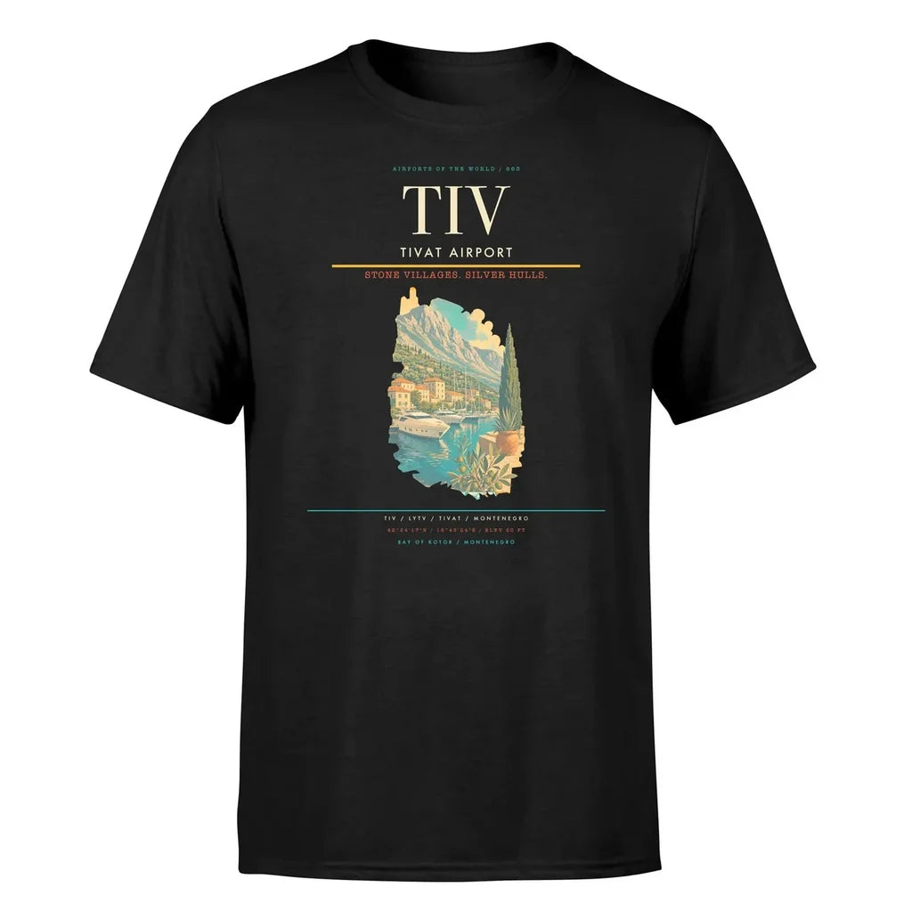 Tivat Airport (TIV) T-Shirt single-side front print in Black | tivat-airport-tiv-double-side-t-shirt
