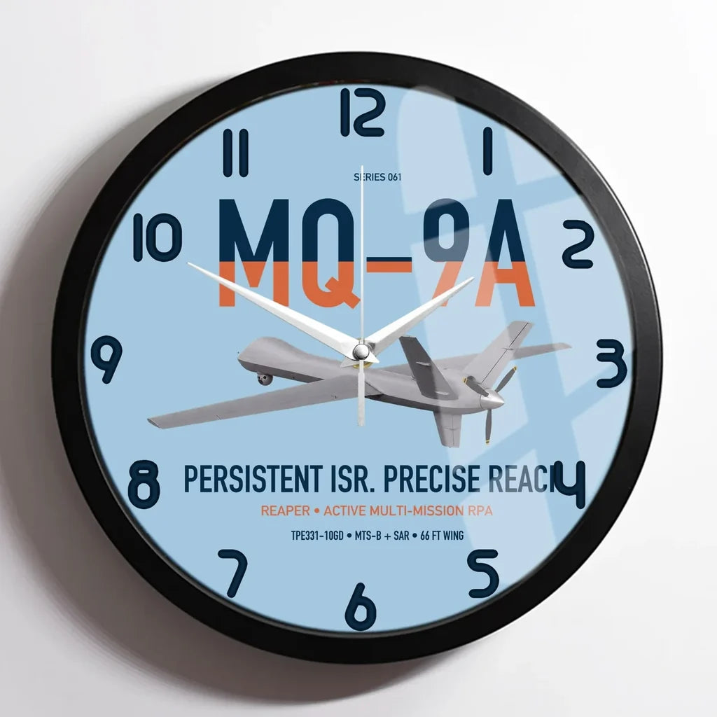 MQ-9A Reaper design on light blue framed wall clock