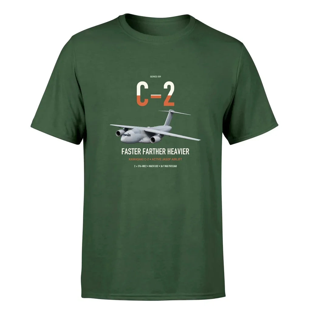 Kawasaki C-2 design on dark green double-side t-shirt, single-side print