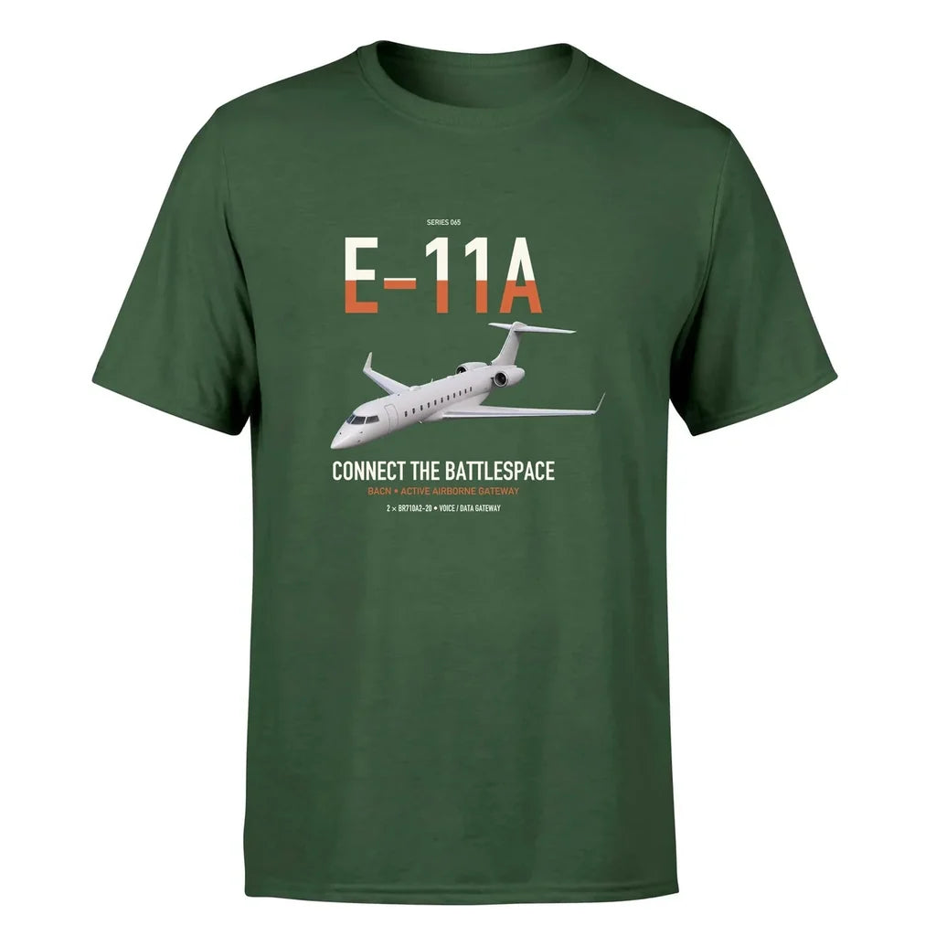 E-11A BACN design on dark green double-side t-shirt, single-side print