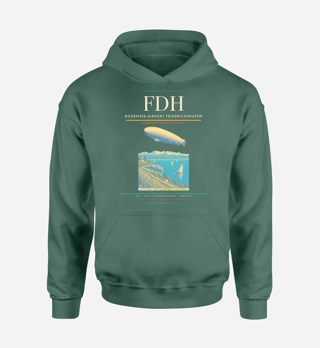 Bodensee-Airport Friedrichshafen (FDH) design on green hoodie single-side print