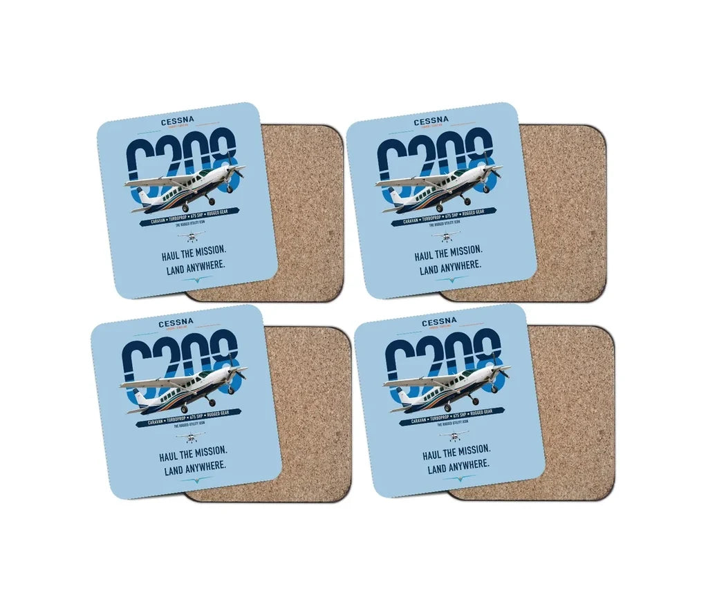 Cessna 208 Caravan design on light blue 4 pieces set coaster