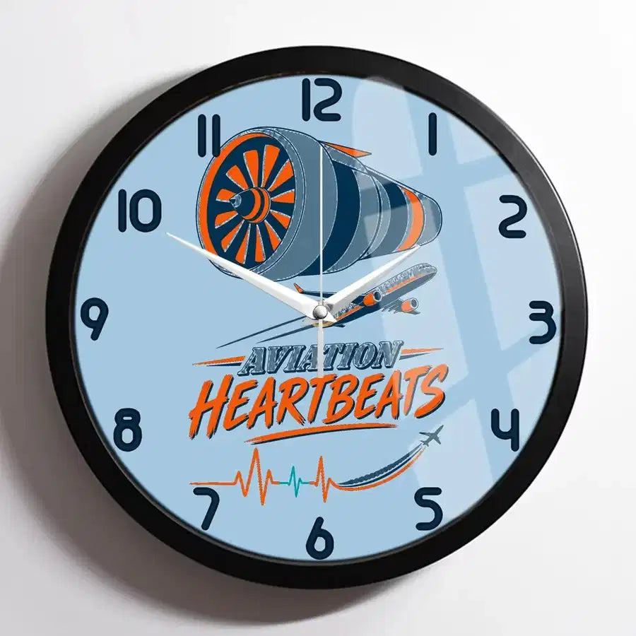Aviation Heartbeats V2 design on light blue framed wall clock
