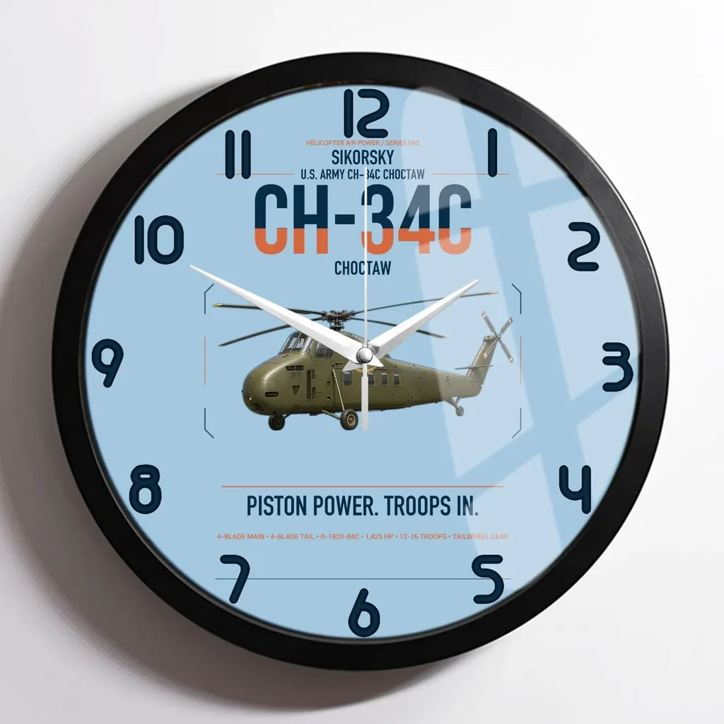 Sikorsky CH-34C Choctaw design on light blue framed wall clock