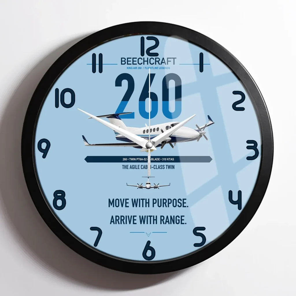 Beechcraft King Air 260 design on light blue framed wall clock