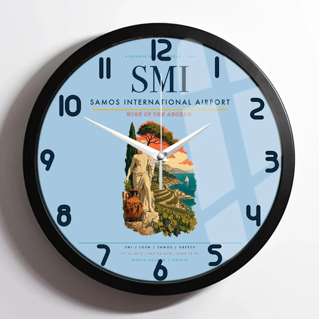 Samos International Airport (SMI) design on light blue framed wall clock
