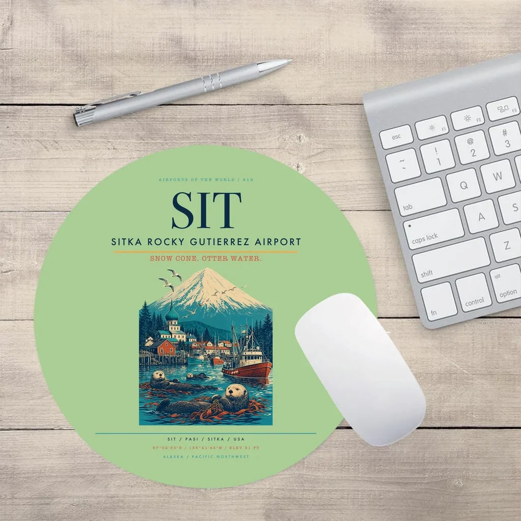 Sitka Rocky Gutierrez Airport (SIT) design on light green round mouse pad