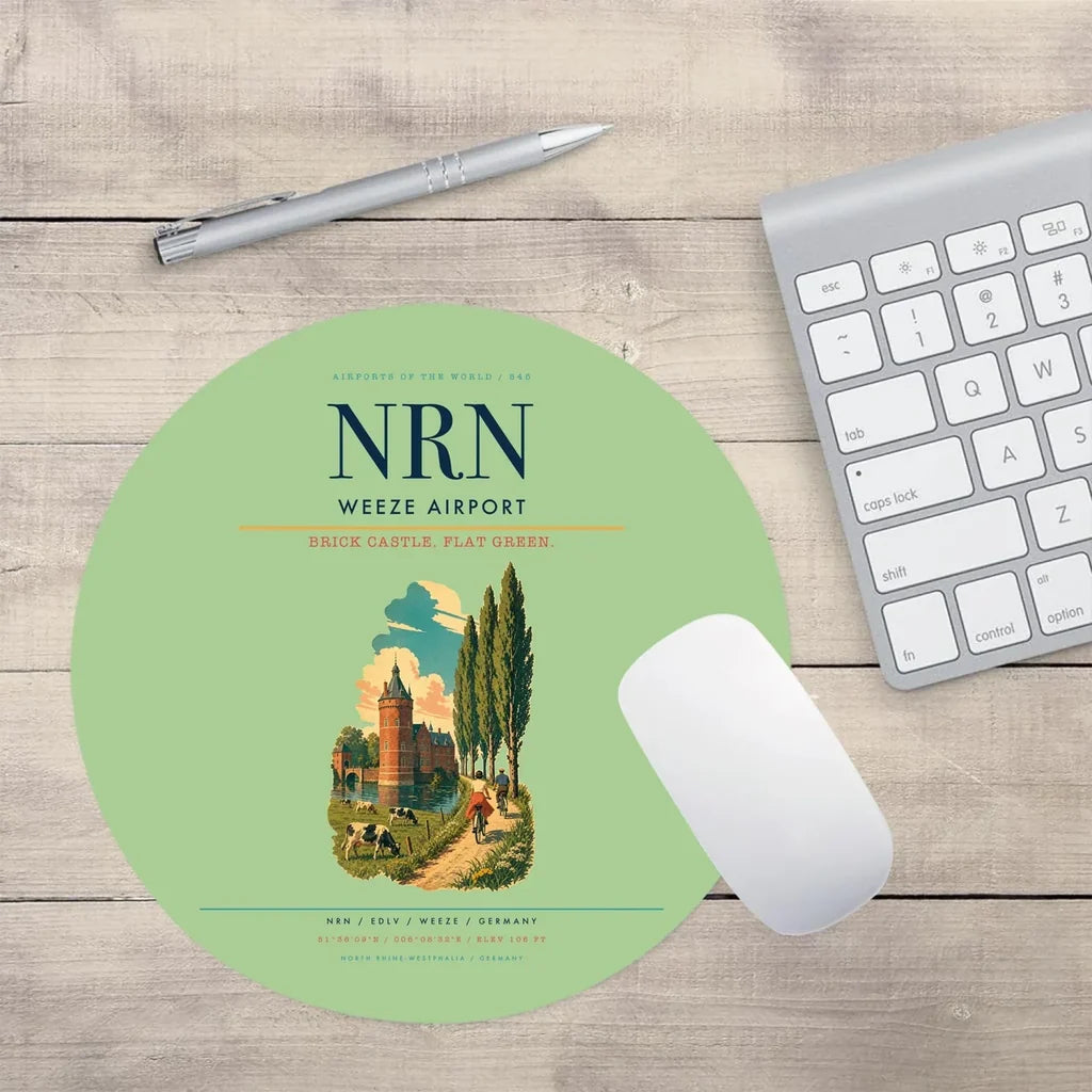 Weeze Airport (NRN) design on light green round mouse pad