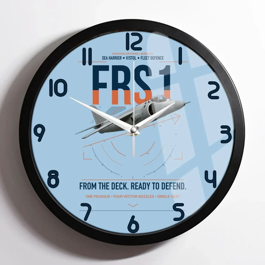 British Aerospace Sea Harrier FRS.1 design on light blue framed wall clock
