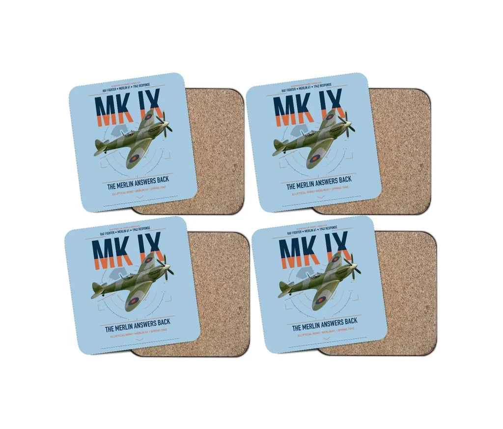 Supermarine Spitfire Mk IX design on light blue 4 pieces set coaster