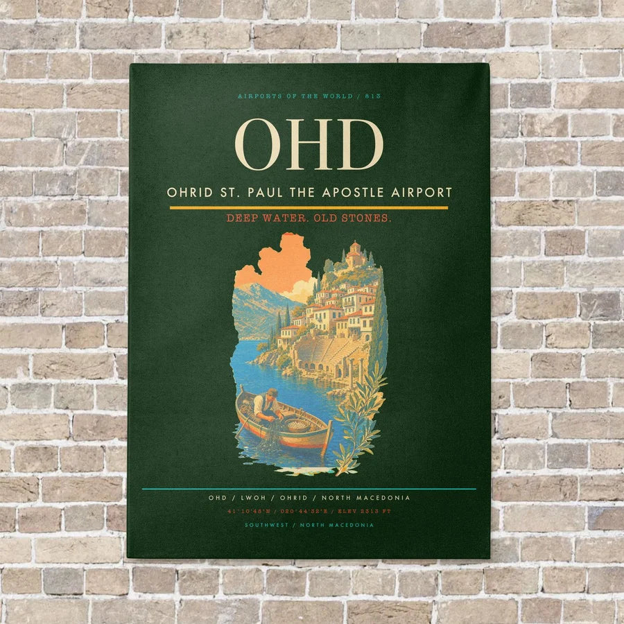 Ohrid St. Paul the Apostle Airport OHD vertical canvas print - no frame - dark green background