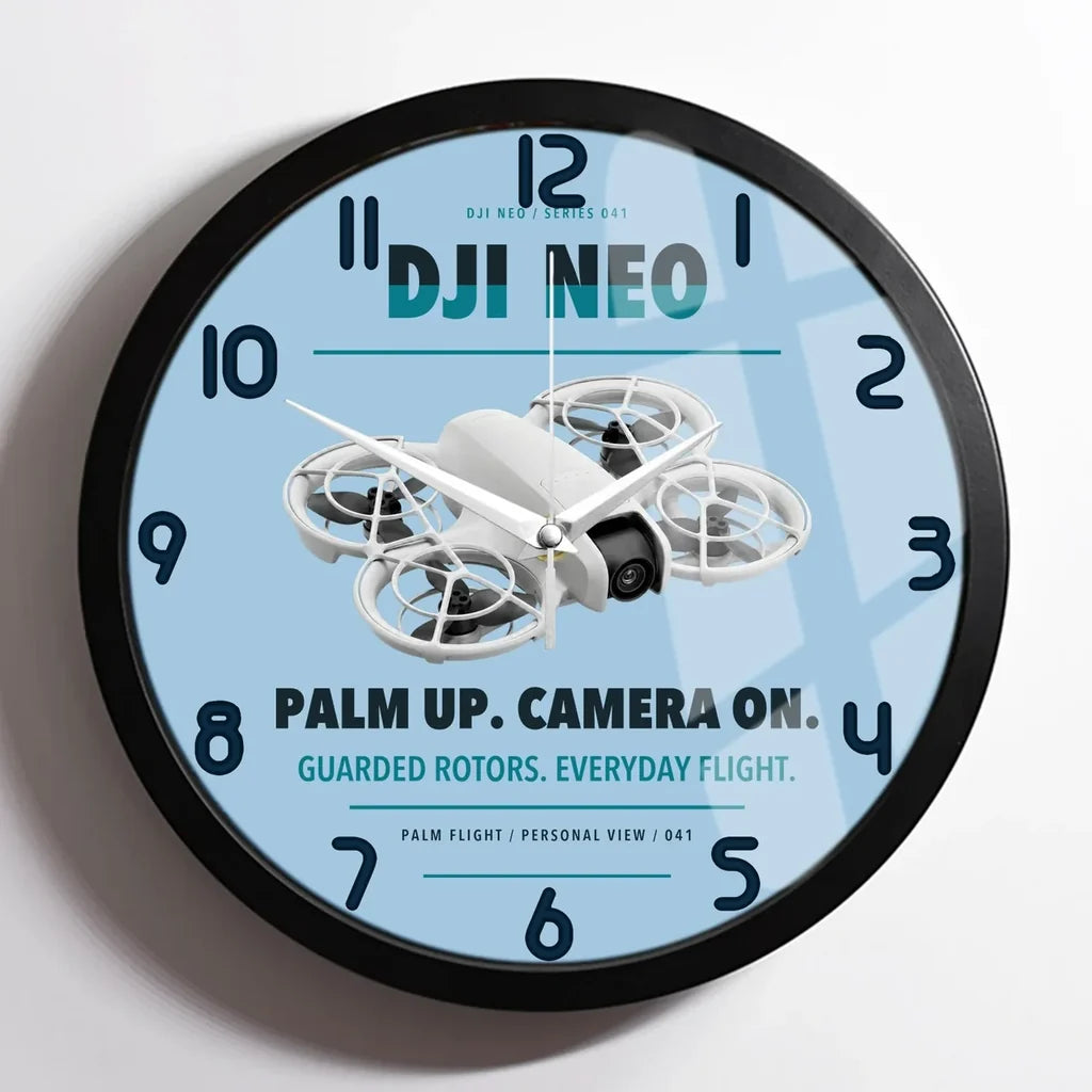 DJI Neo design on light blue framed wall clock