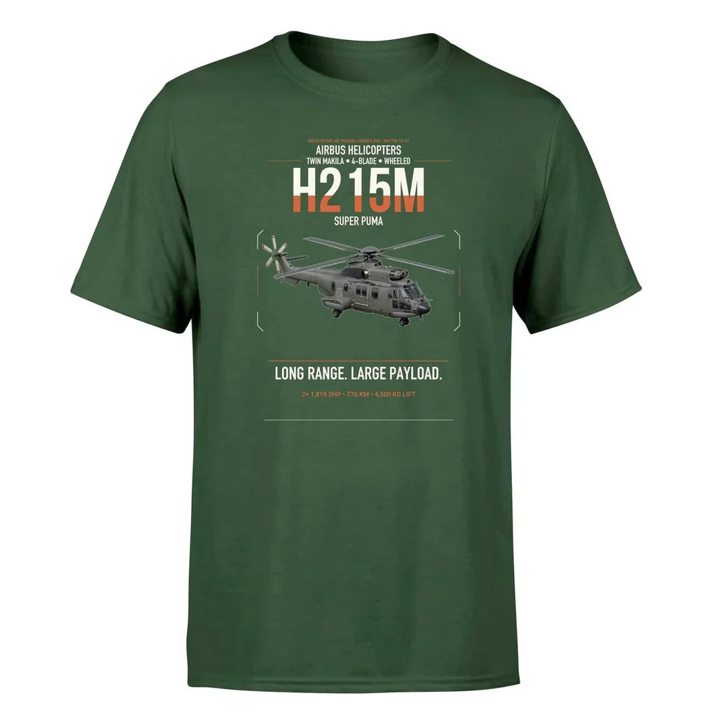 Airbus H215M design on dark green t-shirt, single-side print