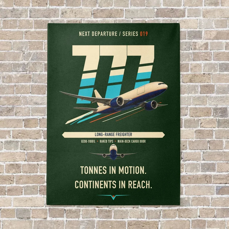 Boeing 777F vertical canvas print - no frame - dark green background