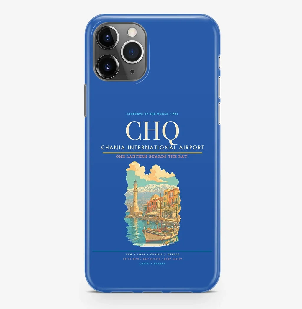 Chania Airport (CHQ) design on blue iPhone 16 Pro MagSafe case