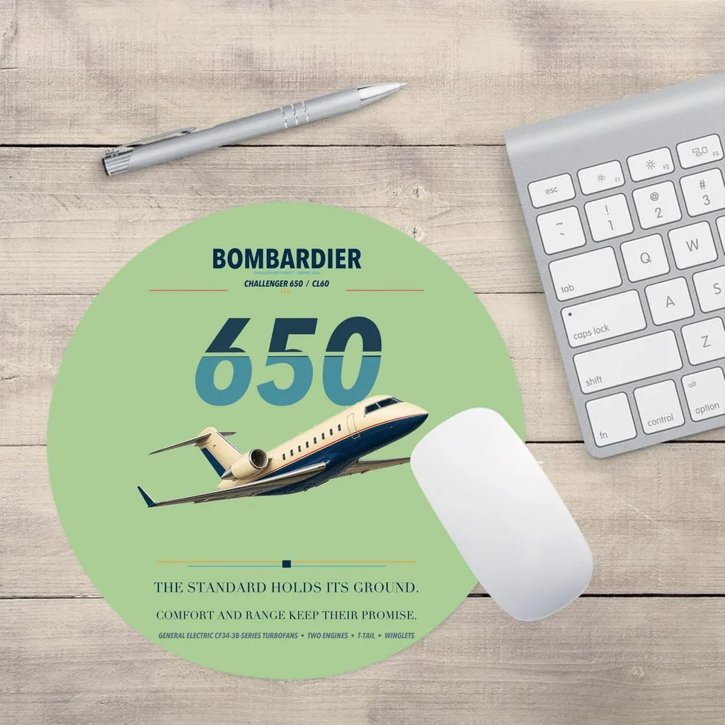 Bombardier Challenger 650 design on light green round mouse pad