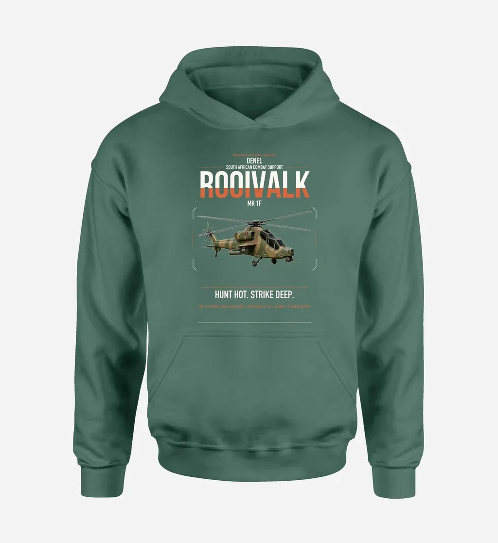 Denel Rooivalk Mk 1F design on green double-side hoodie, single-side print