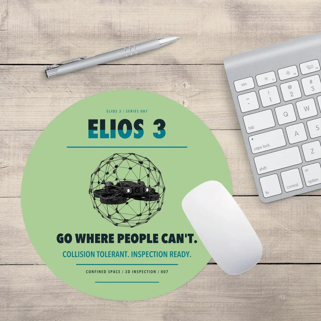 Flyability Elios 3 design on light green round mouse pad